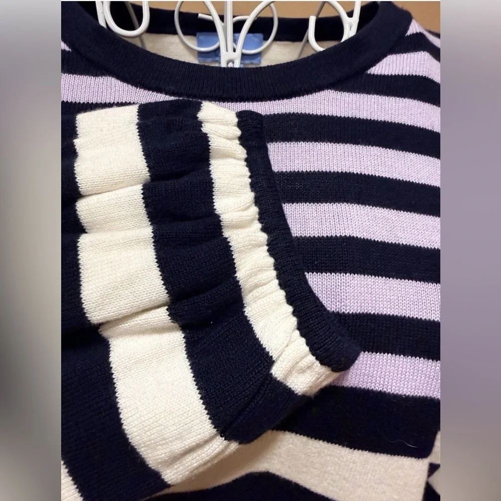 CeCe Navy Stripe Crewneck Sweater 3/4 Gathered Cuff Cotton Pullover L